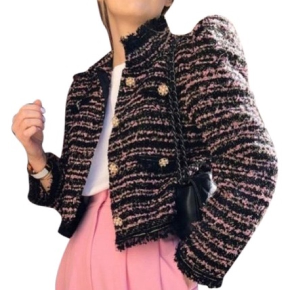 Zara tweed faux pearl button blazer - Picture 2 of 2